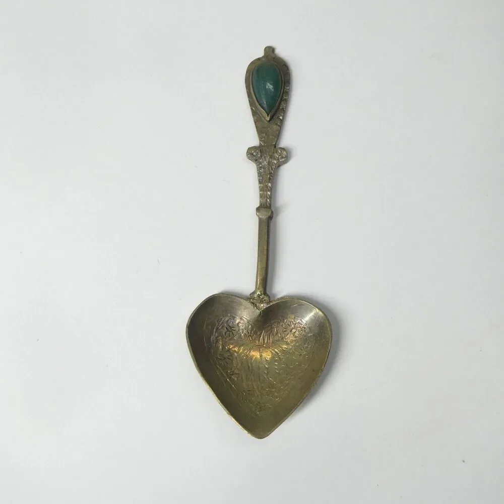 Heart Shaped  Demitasse Coffee Spoon Engraved w/Green Stone Jade? Vintage